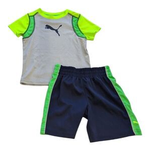 Puma Neon Green navy Gray Athletic Shirt Shorts Summer Outfit Boys Size 24mo